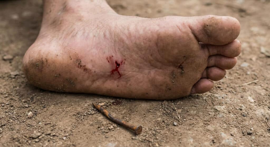 Pied nu blessé avec une petite plaie perforante, et un clou rouillé au sol.
