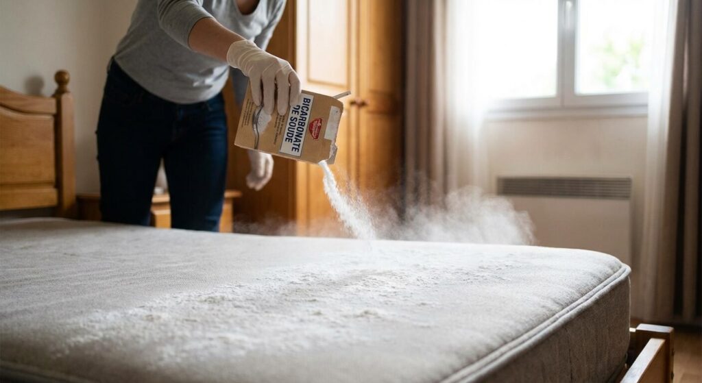 Poudre de bicarbonate de soude versée sur un matelas pour assainir l'environnement contre la gale.