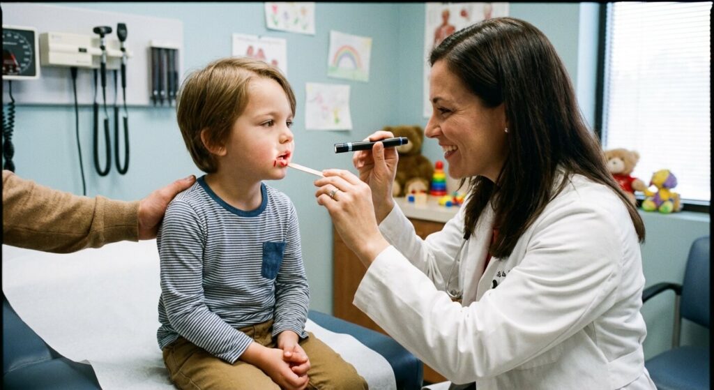 Enfant avec une plaie à la lèvre inférieure examinée par un médecin.