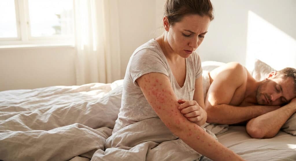 Bras d'une femme couvert de boutons rouges au réveil, alors que son conjoint dormant à côté n'a rien.