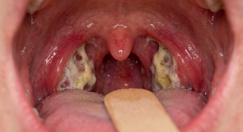 Gorge après opération des amygdales montrant les fausses membranes blanches (fibrine) souvent confondues avec des glaires.