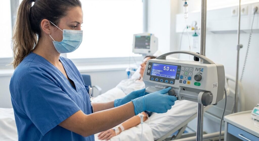 Infirmière réglant le débit d'un Pousse-Seringue Électrique (IVSE) pour l'administration précise d'un médicament.