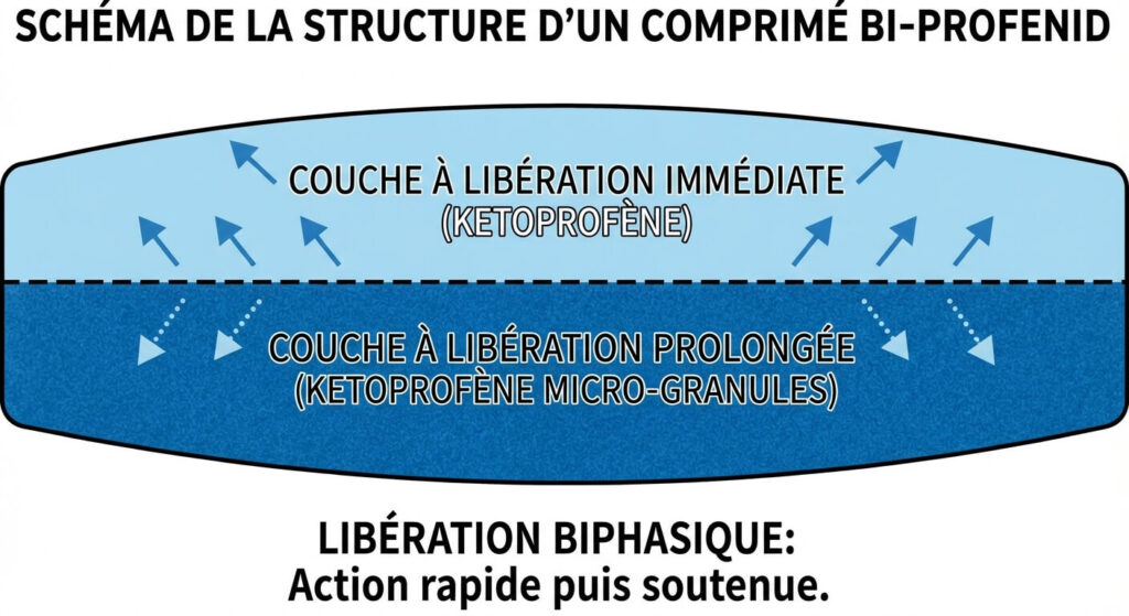 Schéma de la structure d'un comprimé Bi-Profenid montrant les deux couches pour la libération biphasique.