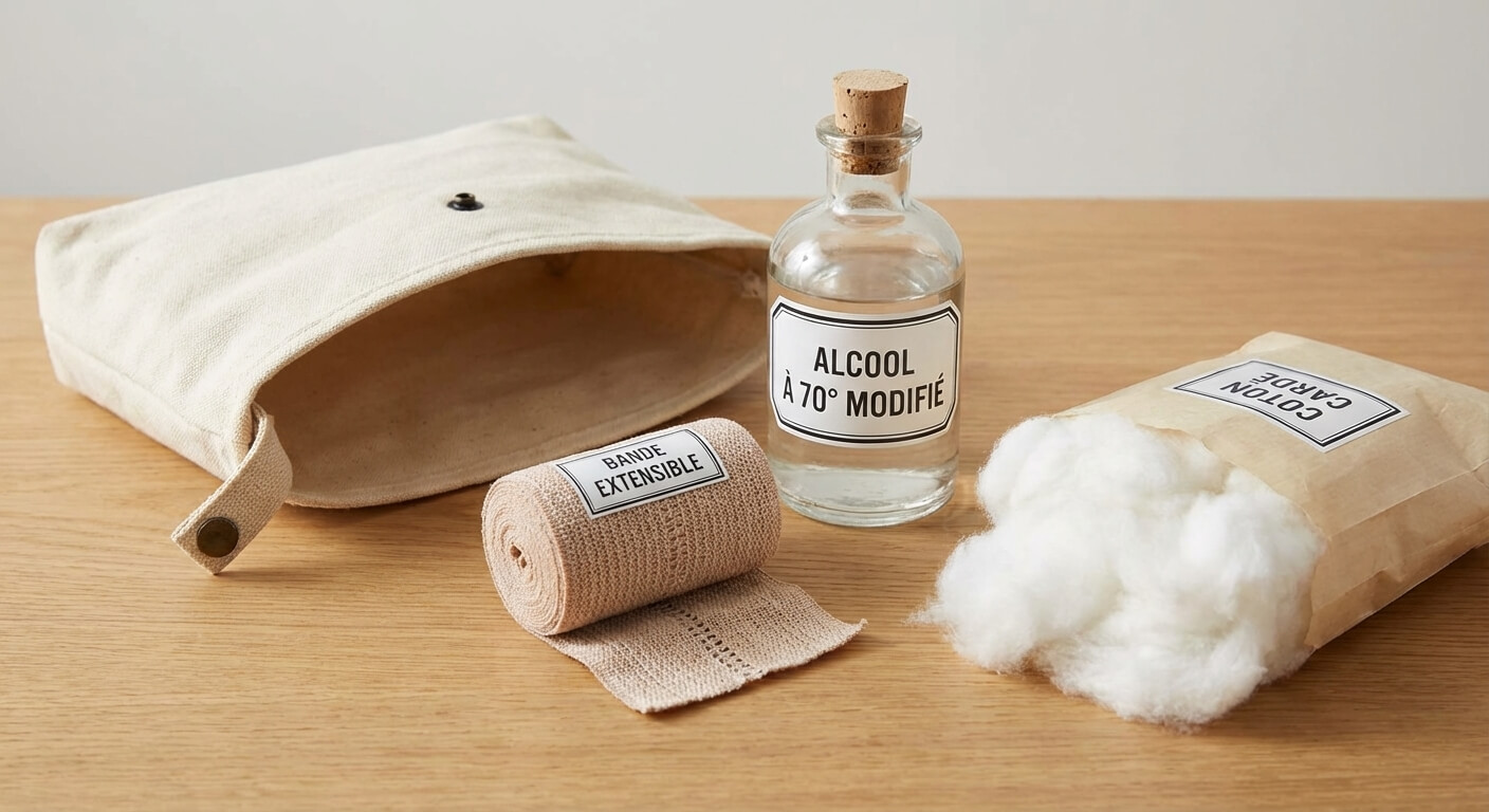Kit de soin pour pansement alcoolisé comprenant un flacon d'alcool à 70, du coton cardé et une bande extensible.