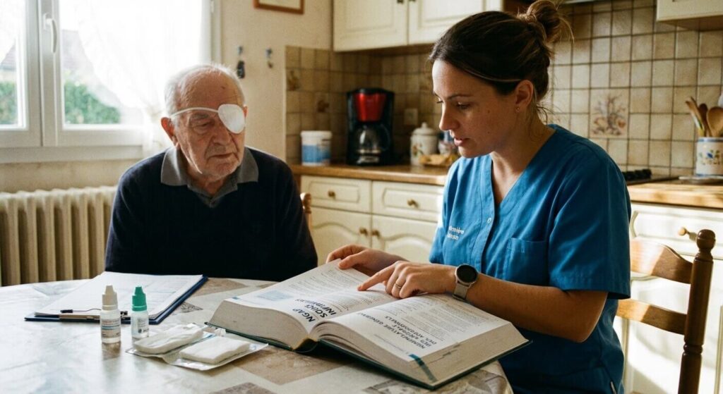 Infirmière libérale consultant la NGAP pour coter un soin oculaire post-opératoire.