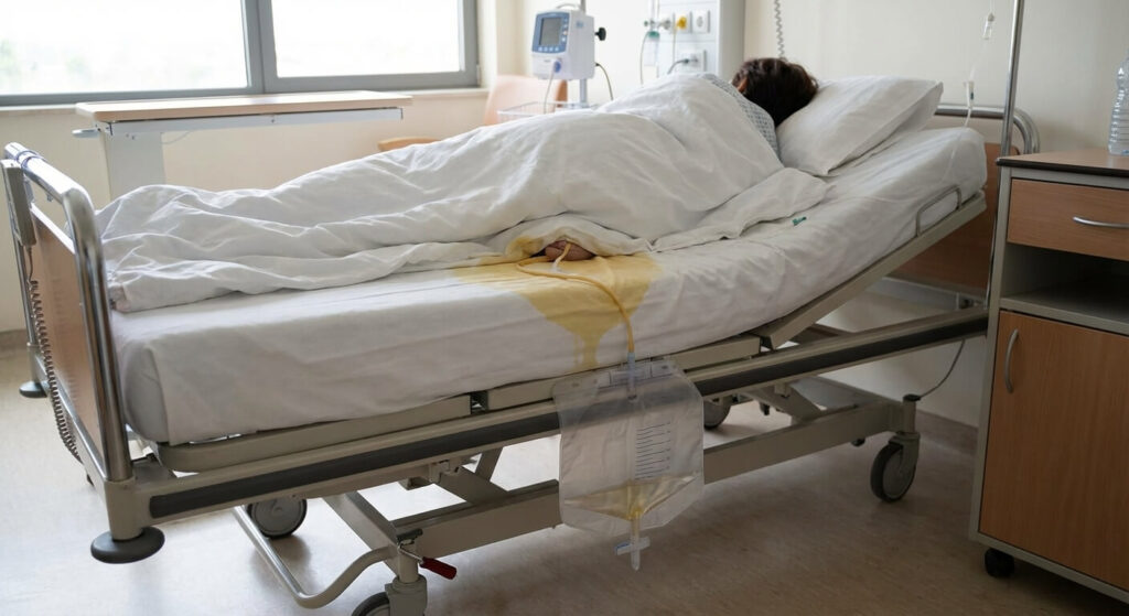 Lit d'hôpital souillé par une fuite d'urine autour d'une sonde urinaire, avec une poche de recueil vide.