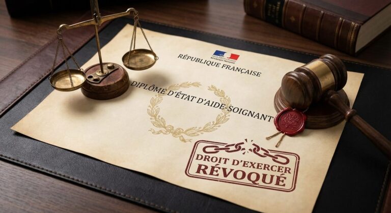 Diplôme d'État d'Aide-Soignant avec un symbole de justice, illustrant le risque légal de perte du droit d'exercer.