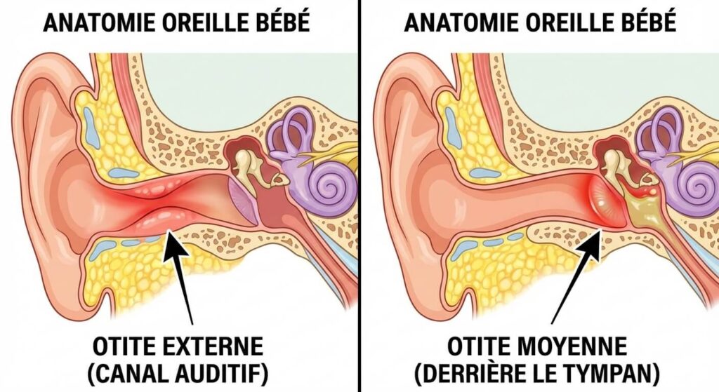 Image d'anatomie oreille bébé otite moyenne vs externe