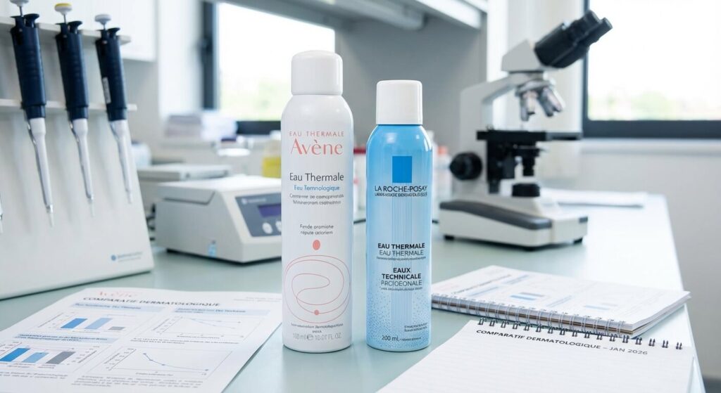 Bouteilles de spray d'eau thermale Avène et La Roche-Posay côte à côte pour un comparatif dermatologique.