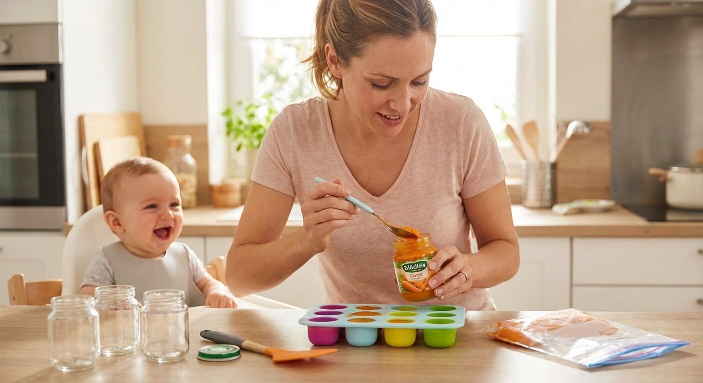 Maman transvasant une purée de petit pot industriel dans un bac de congélation