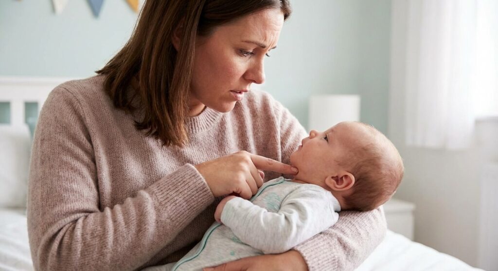Maman touchant le cou de son bébé et sentant une petite boule (ganglion)