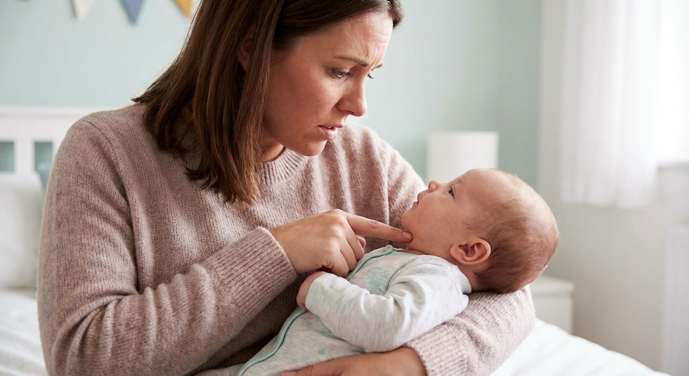 Maman touchant le cou de son bébé et sentant une petite boule (ganglion)