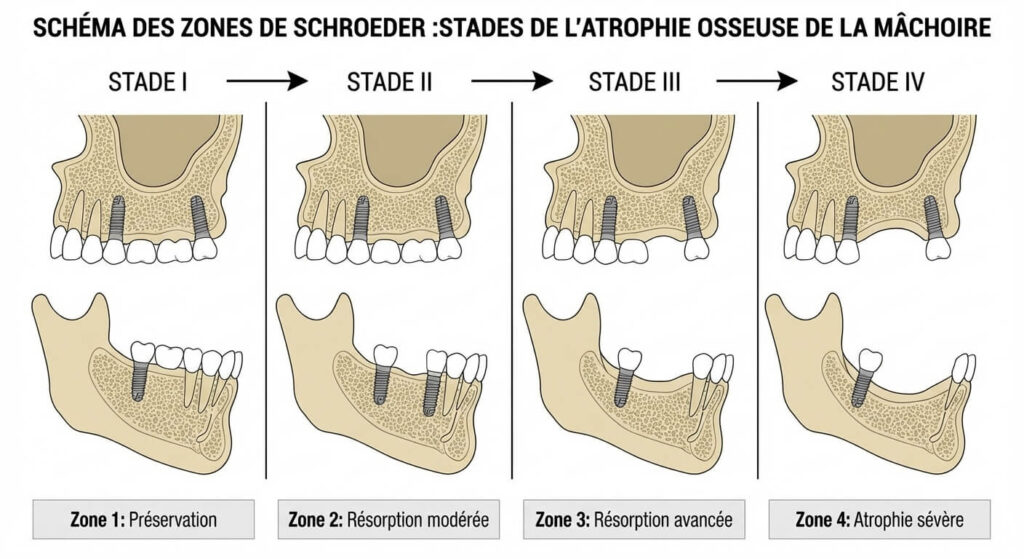 Schéma des zones de Schroeder montrant les différents stades de l'atrophie osseuse de la mâchoire