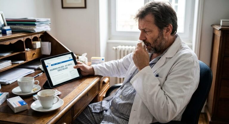 Dentiste en blouse blanche malade consultant ses droits à l'assurance maladie sur tablette