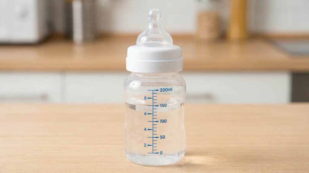 Biberon gradué rempli à 150ml d'eau, qui atteint 170ml après ajout de la poudre de lait