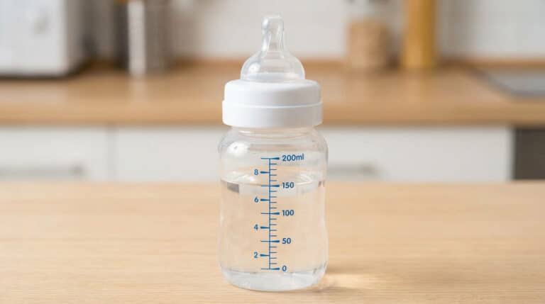 Accueil 1 Biberon gradué rempli à 150ml d'eau, qui atteint 170ml après ajout de la poudre de lait