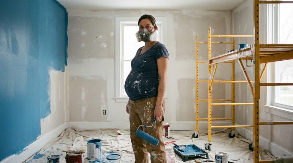 J'ai respiré de la peinture enceinte : Quels sont les risques pour le bébé ? 2 Femme enceinte portant un masque de protection dans une chambre en cours de peinture, illustrant la prévention des risques chimiques