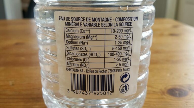Étiquette arrière d'une bouteille d'eau Cristaline montrant la composition minérale variable selon la source