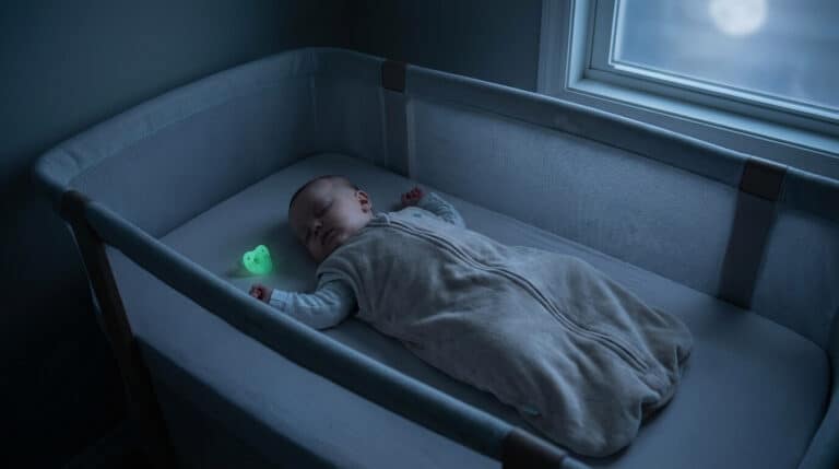 Accueil 1 Bébé dormant dans un lit sécurisé sans attache-tétine, avec une sucette phosphorescente à côté