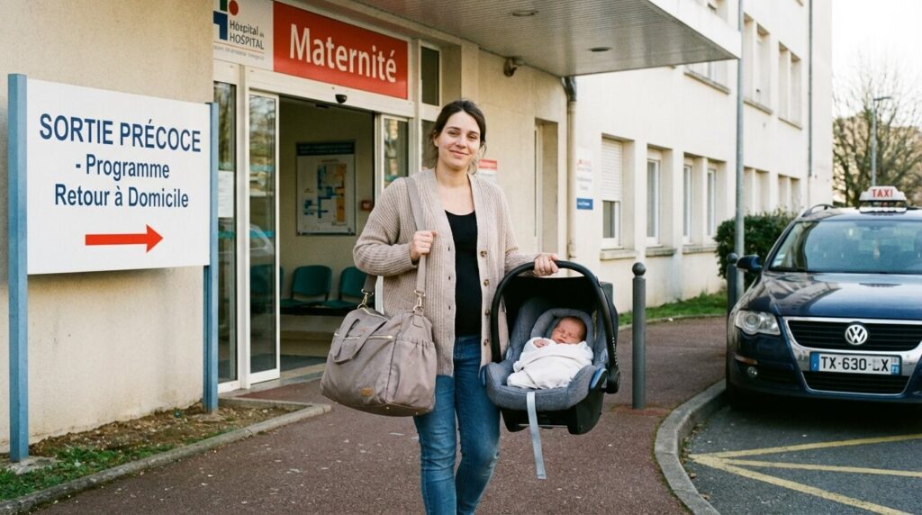 Sortir 2h après l'accouchement : Que dit la loi sur le retour précoce ? 2 Maman quittant la maternité avec son nouveau-né dans un siège auto, illustrant le retour précoce à domicile
