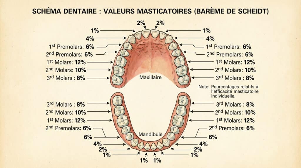 Schéma dentaire montrant les pourcentages de valeur masticatoire attribués à chaque dent selon le barème de Scheidt
