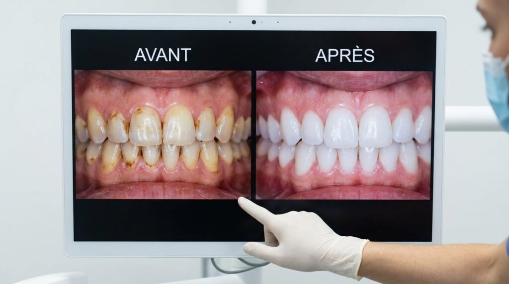 Comparaison avant/après d'un sourire traité par aéropolissage, montrant la disparition des taches de café et tabac