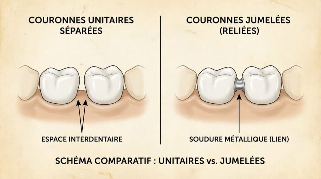 Schéma comparatif entre deux couronnes unitaires séparées et deux couronnes jumelées (reliées par une soudure)
