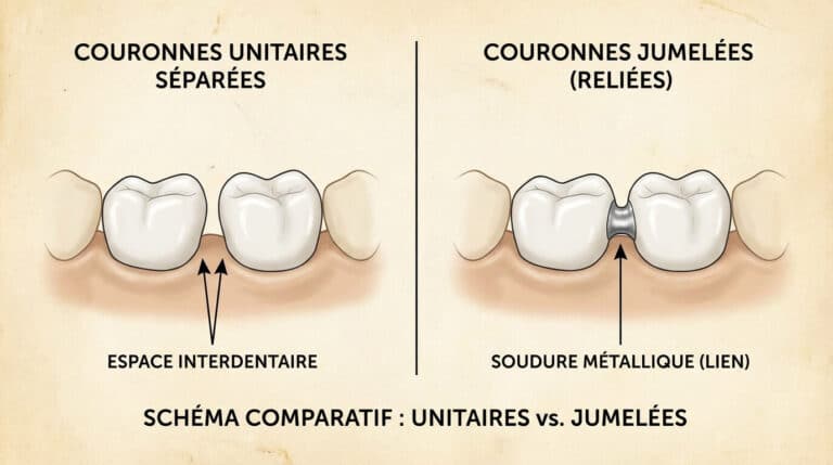 Accueil 1 Schéma comparatif entre deux couronnes unitaires séparées et deux couronnes jumelées (reliées par une soudure)