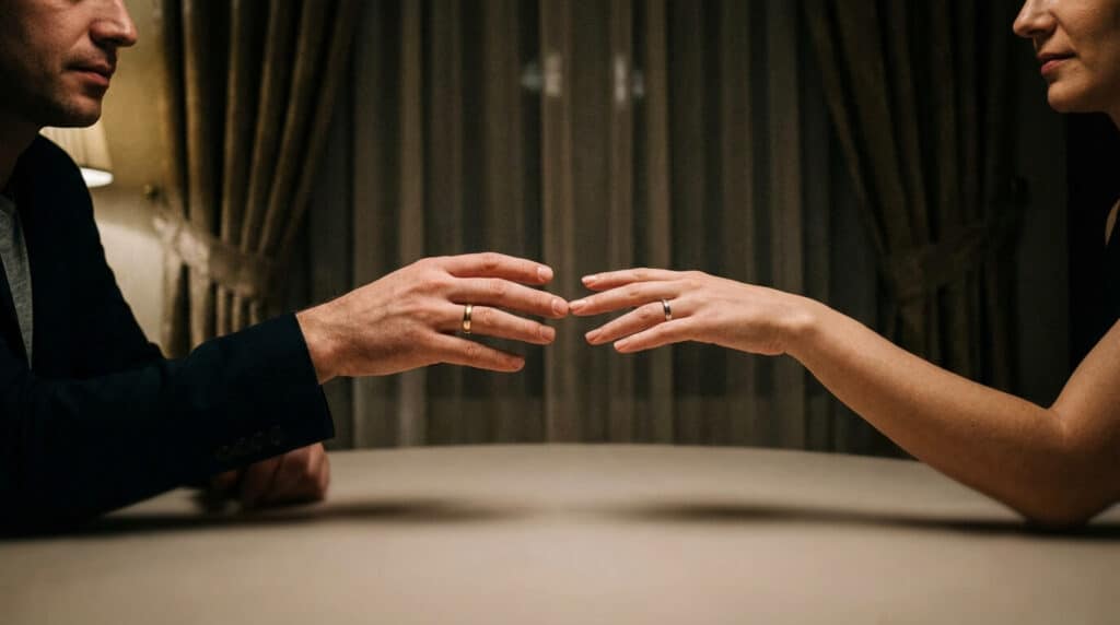 Mains d'un homme et d'une femme portant chacun une alliance, se tendant l'une vers l'autre sans se toucher, symbolisant l'adultère et l'interdit