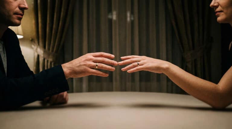 Mains d'un homme et d'une femme portant chacun une alliance, se tendant l'une vers l'autre sans se toucher, symbolisant l'adultère et l'interdit