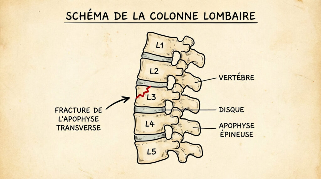 Schéma de la colonne vertébrale lombaire mettant en évidence une fracture de l'apophyse transverse