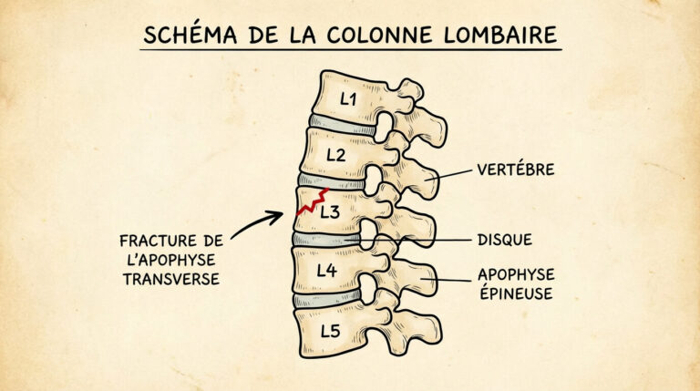 Schéma de la colonne vertébrale lombaire mettant en évidence une fracture de l'apophyse transverse