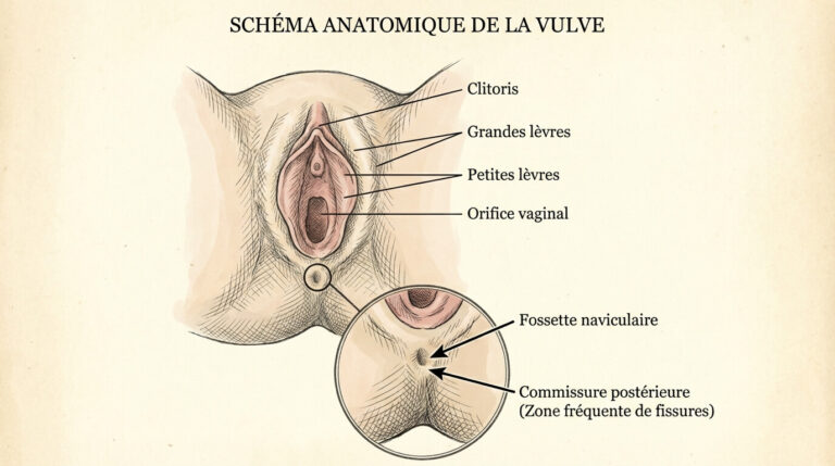 Accueil 1 Schéma anatomique de la vulve localisant la fossette naviculaire au niveau de la commissure postérieure, zone fréquente de fissures