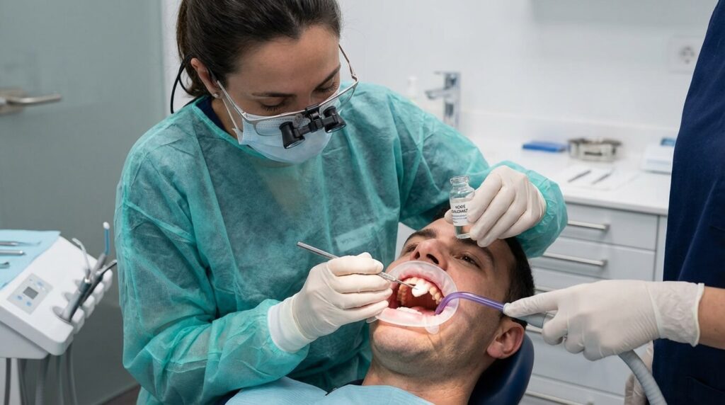 L'acide trichloracétique dentaire : Utilisations, Cautérisation et Dangers 2 Dentiste appliquant précisément une goutte d'acide trichloracétique sur un aphte buccal à l'aide d'une boulette de coton pour le cautériser
