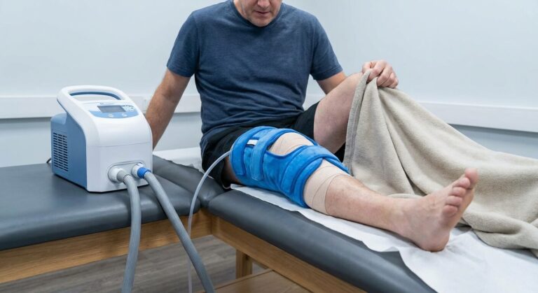 Accueil 1 Patient utilisant une attelle de cryothérapie sur son genou opéré, pouvant provoquer une sensation de froid dans la jambe