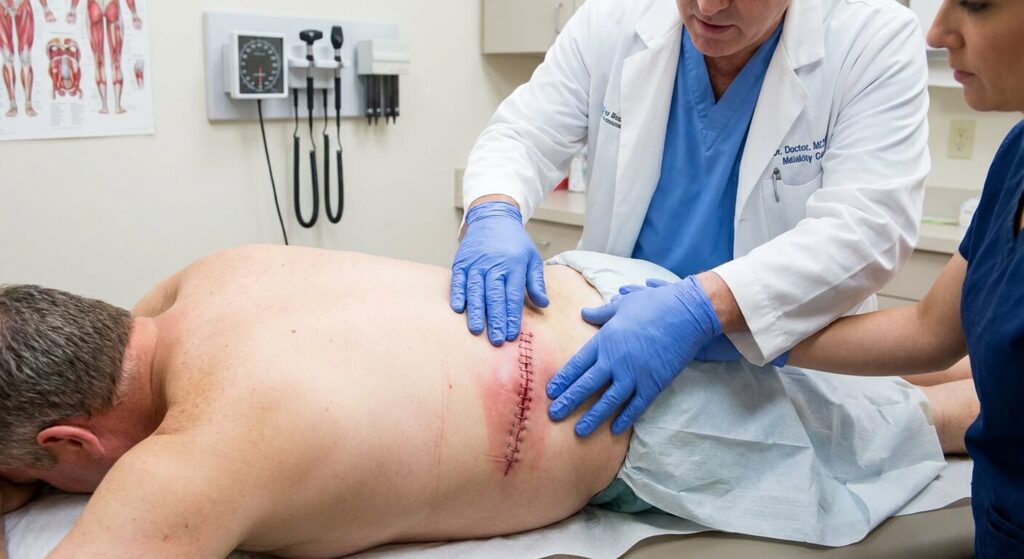 Cicatrice de hernie discale gonflée : Évolution normale ou infection ? 2 Médecin examinant le gonflement et les agrafes d'une cicatrice lombaire suite à une opération de hernie discale