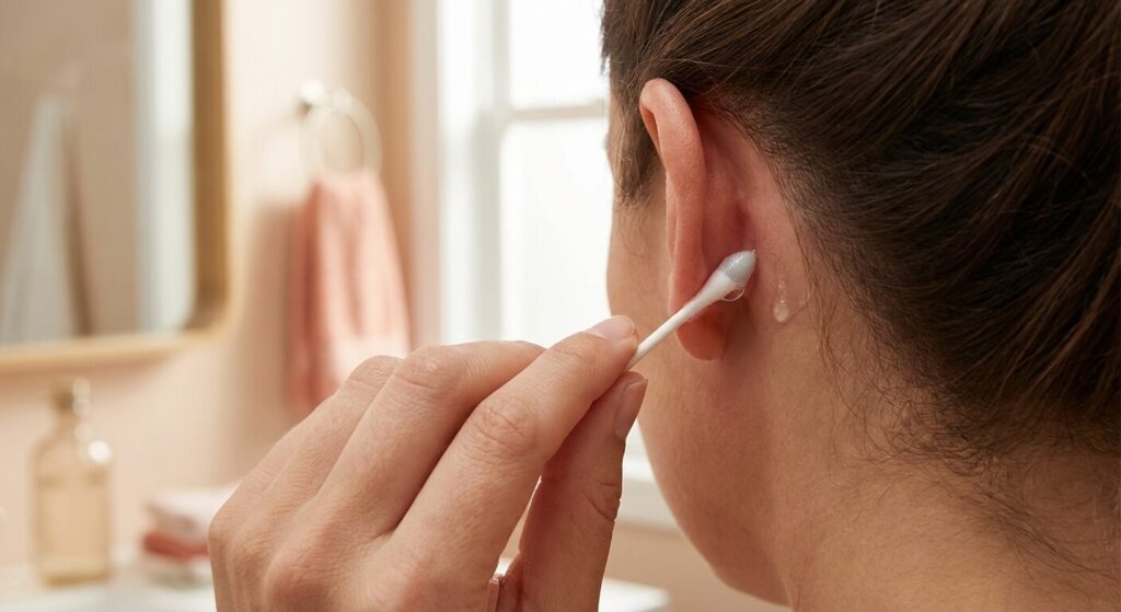 Odeur derrière l'oreille : Pourquoi cette zone sent-elle mauvais ? 2 Nettoyage délicat du pli cutané situé derrière le pavillon de l'oreille avec un coton-tige imbibé