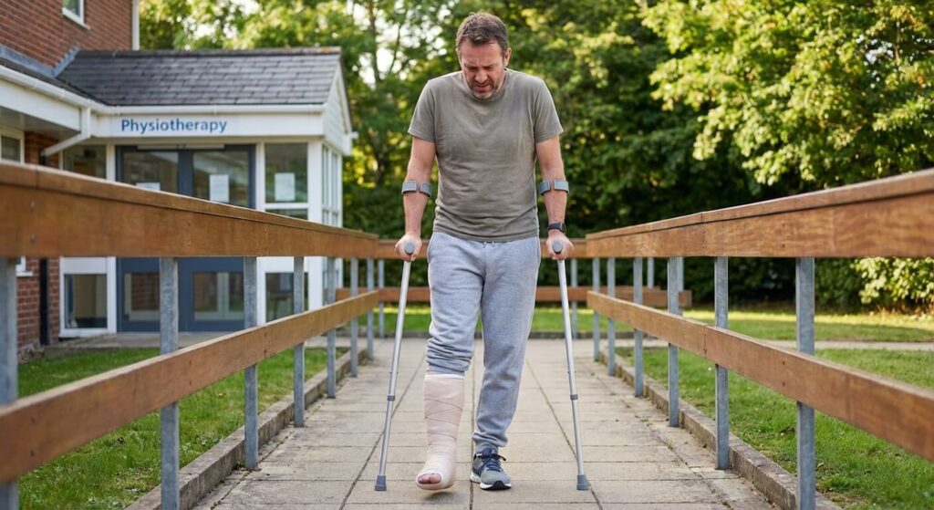 Patient utilisant des béquilles pour reprendre un appui progressif sur sa jambe après l'ablation de son plâtre