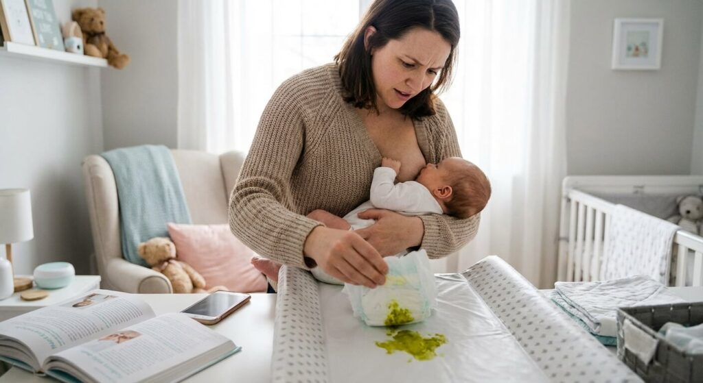 Maman changeant la couche de son bébé allaité, s'interrogeant sur la couleur verte inhabituelle des selles