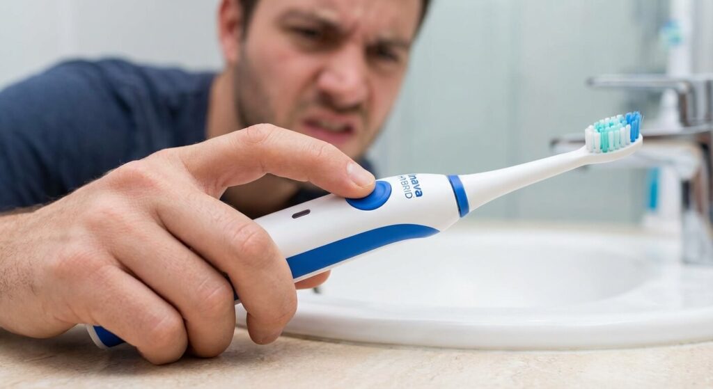 Utilisateur tentant d'allumer une brosse à dents sonique Inava Hybrid dont le voyant de charge est éteint