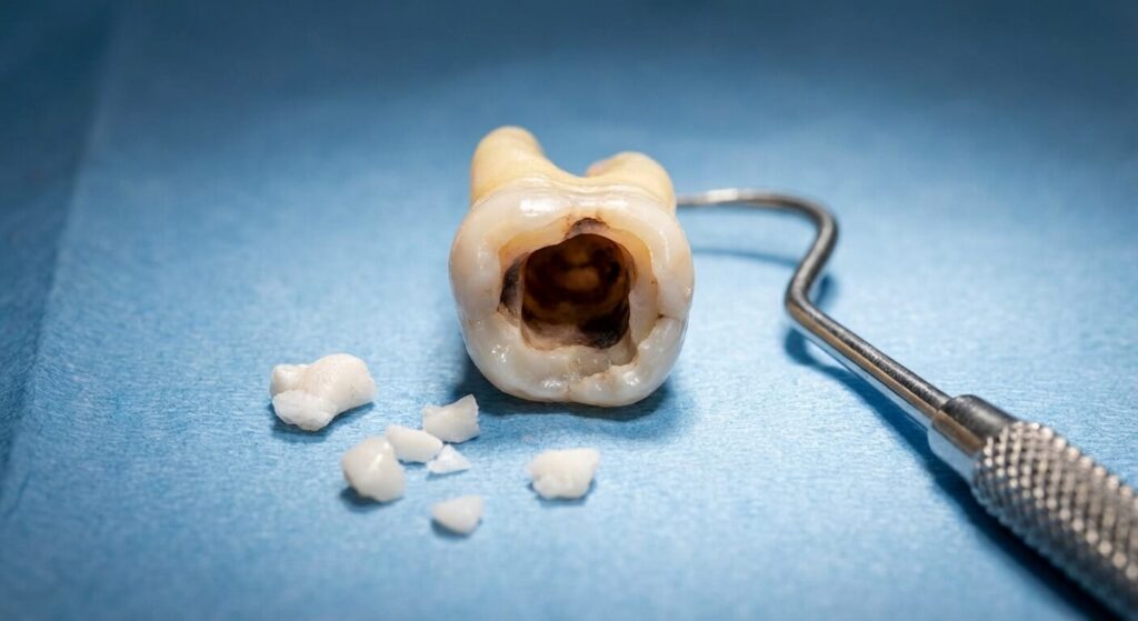 Dent molaire évidée dont le ciment provisoire est tombé suite à un traitement de canal