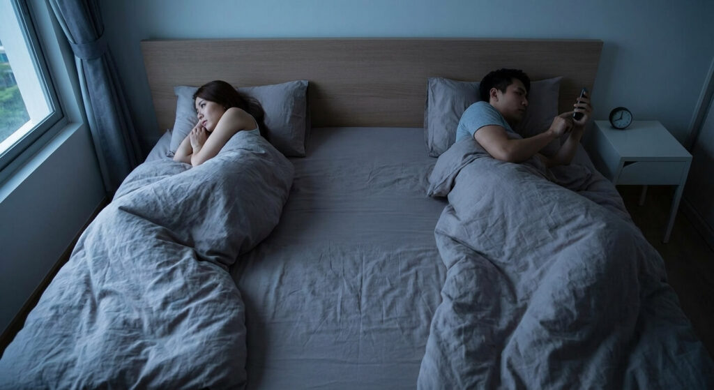 Couple distant dans le lit illustrant une baisse de désir et un manque d'intimité conjugale