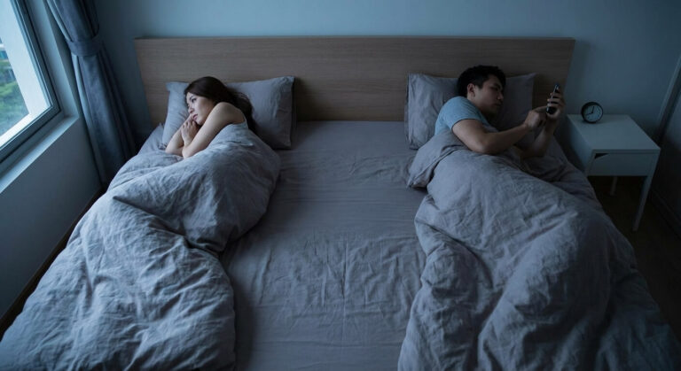 Couple distant dans le lit illustrant une baisse de désir et un manque d'intimité conjugale