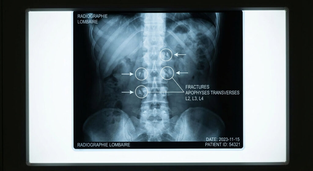 Radiographie de la colonne lombaire montrant une fracture des apophyses transverses sur les vertèbres L2, L3 et L4