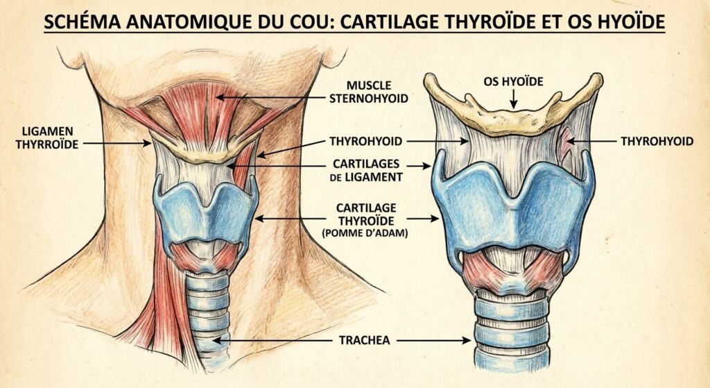 Cartilage thyroïde qui craque : Faut-il s'en inquiéter ? 2 Schéma anatomique du cou mettant en évidence le cartilage thyroïde (pomme d'Adam) et l'os hyoïde