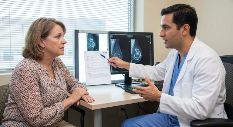 Accueil 2 Patiente écoutant les explications de son radiologue face aux résultats d'une mammographie classée ACR 5