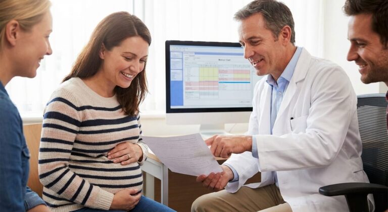 Femme enceinte rassurée par son médecin obstétricien lors de la lecture des résultats de son bilan sanguin