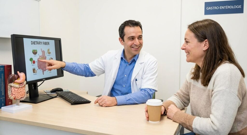 Patient rassuré lors d'une consultation en gastro-entérologie expliquant l'origine alimentaire des filaments dans les selles