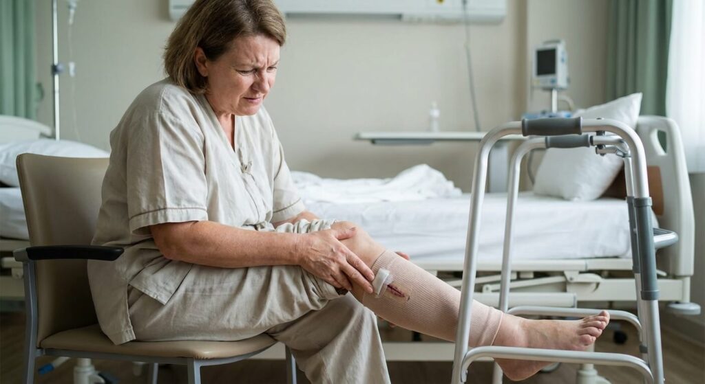 Patiente assise touchant son mollet douloureux après une intervention chirurgicale sur les varices
