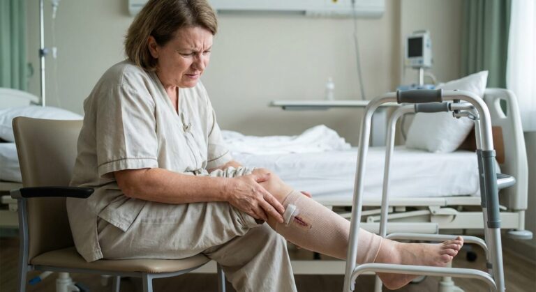 Patiente assise touchant son mollet douloureux après une intervention chirurgicale sur les varices